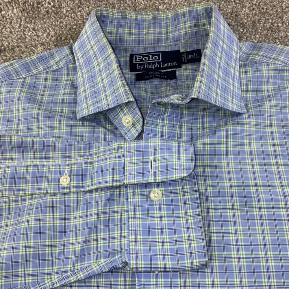 Polo Ralph Lauren Regent Custom Fit Mens L Blue Plaid Dress Shirt Career Classic
